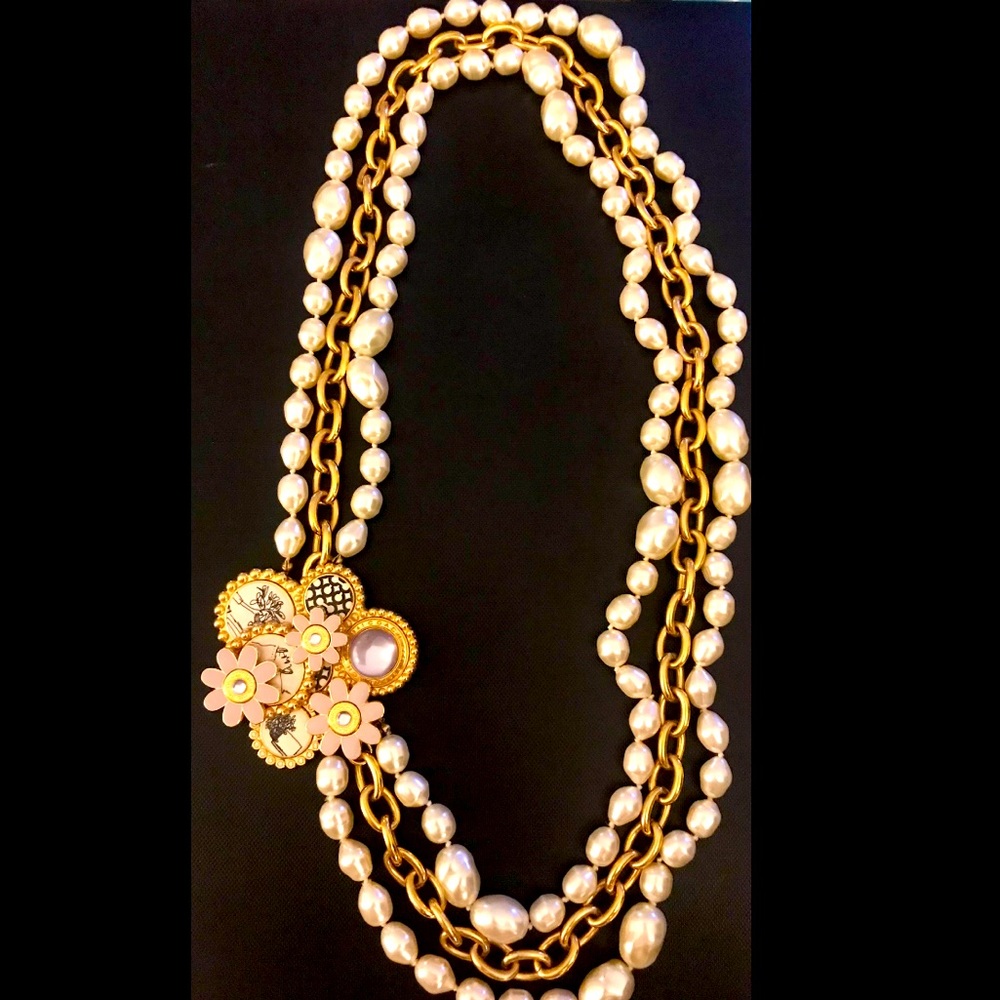Coach Logo Necklace Statement Bonnie Cashin Pearl Flower Pendant Bib